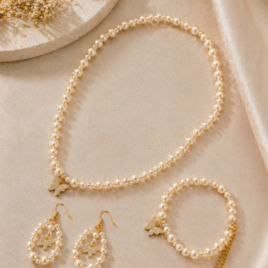 Shimmering Butterfly & Cream Faux Pearl Jewelry Set