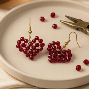Red Crystal Beaded Heart Drop Earrings